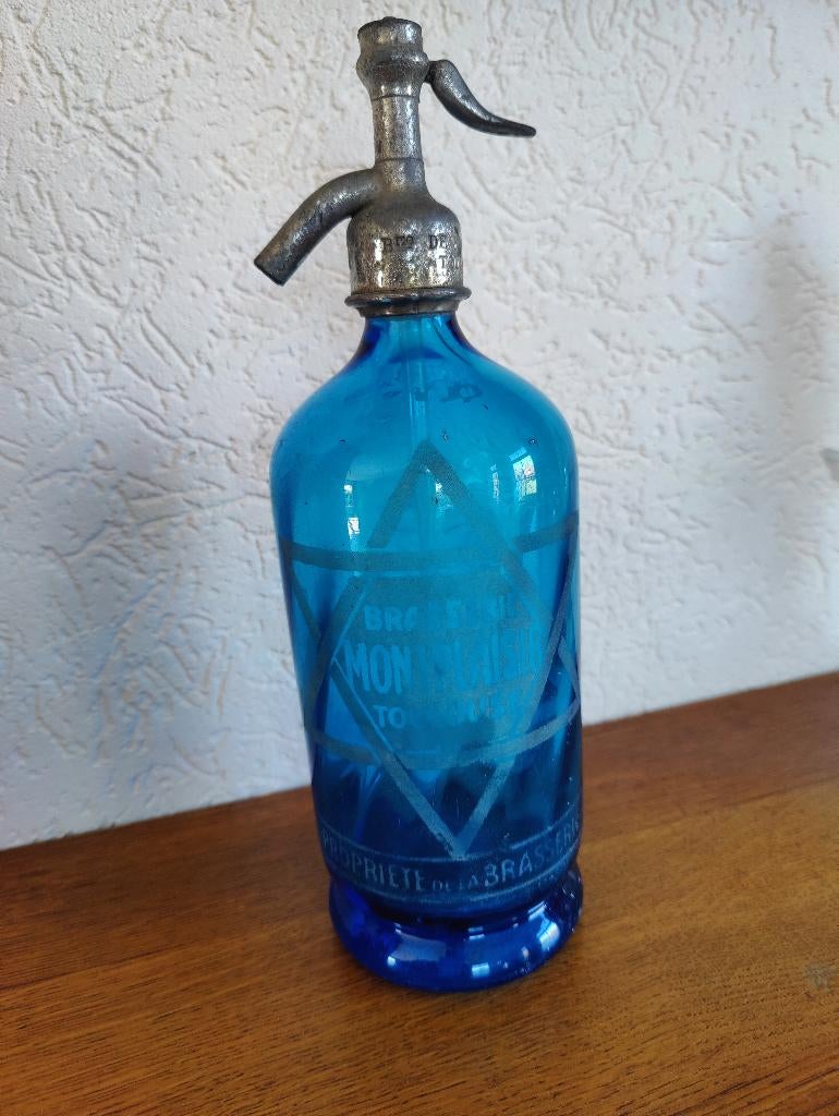 Mooie Antieke spuitfles blauw Brasserie Montplaisir, Ophalen of Verzenden