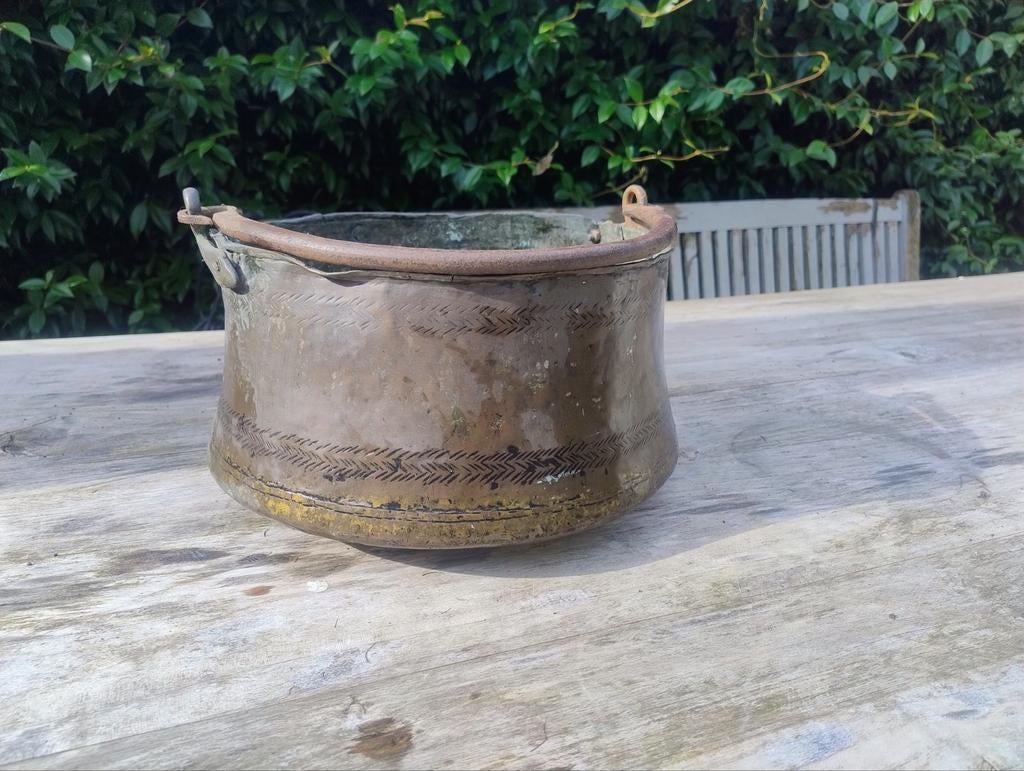 Antieke 19e eeuwse koperen ketel met gravure, Ophalen of Verzenden