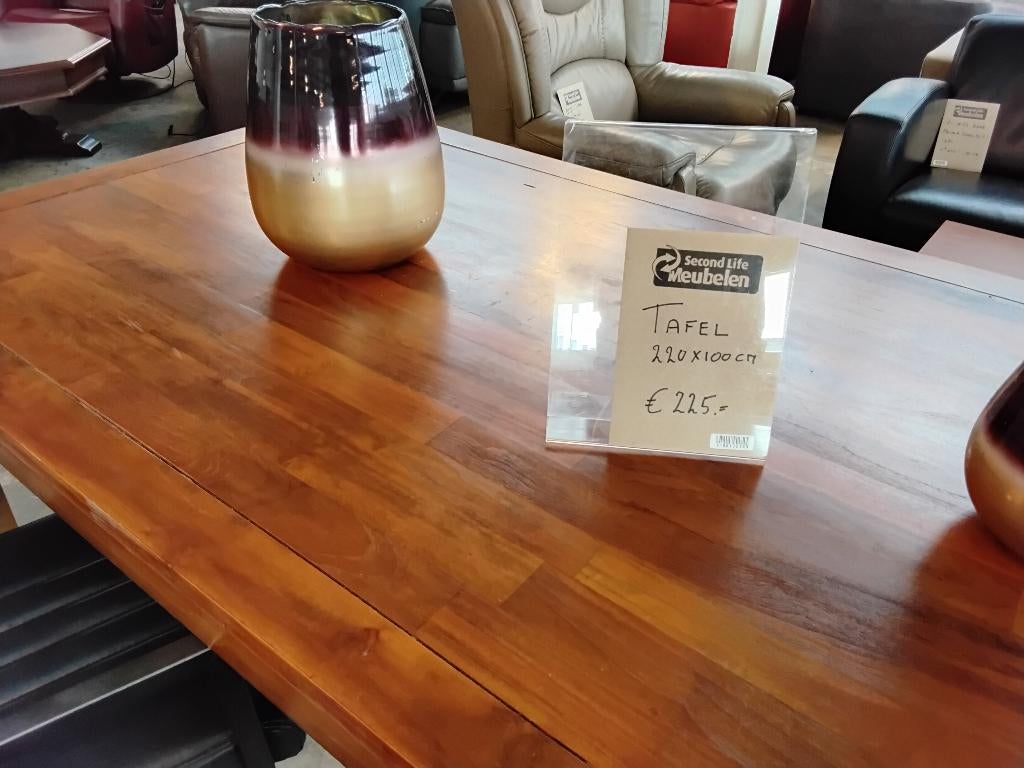 2x massief houten tafel 220x100 en 160x80 Second Life W'ga., Huis en Inrichting, Tafels | Eettafels, Ophalen, 50 tot 100 cm, Zo goed als nieuw