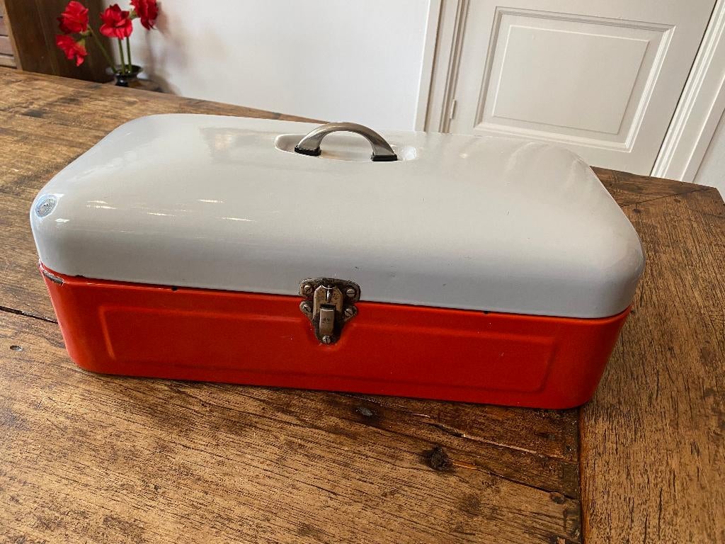 Brocante emaille broodtrommel oranje/rood/wit, Antiek en Kunst, Ophalen of Verzenden