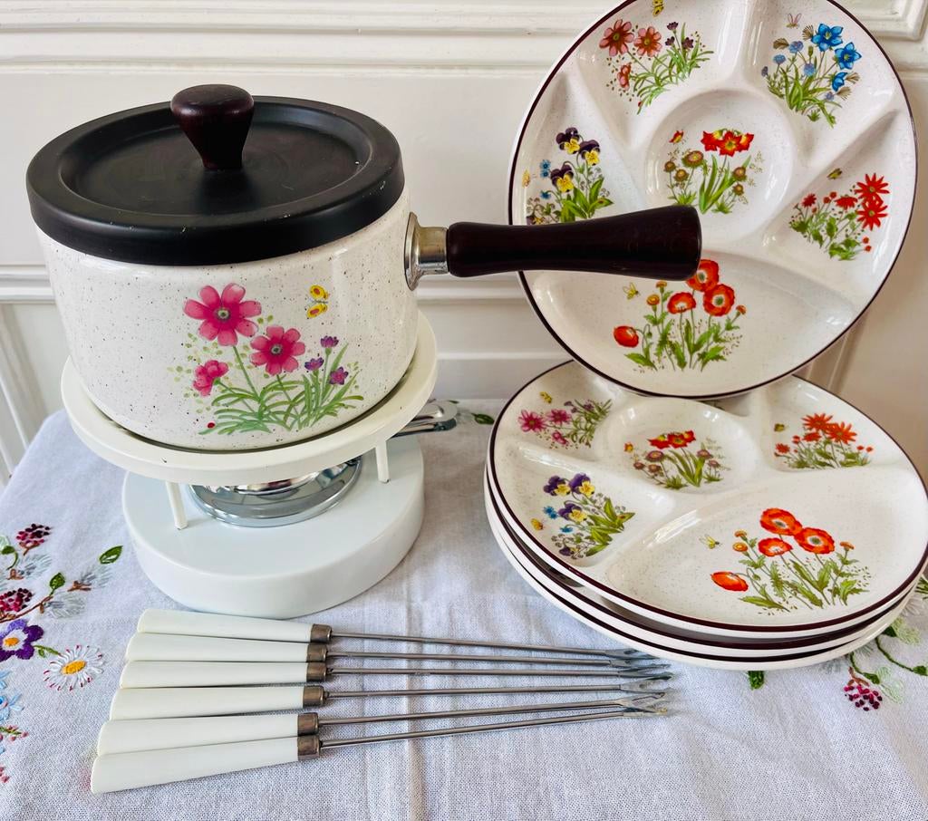 Vintage fondueset met wildflower borden, Gebruikt, ., Ophalen of Verzenden, .