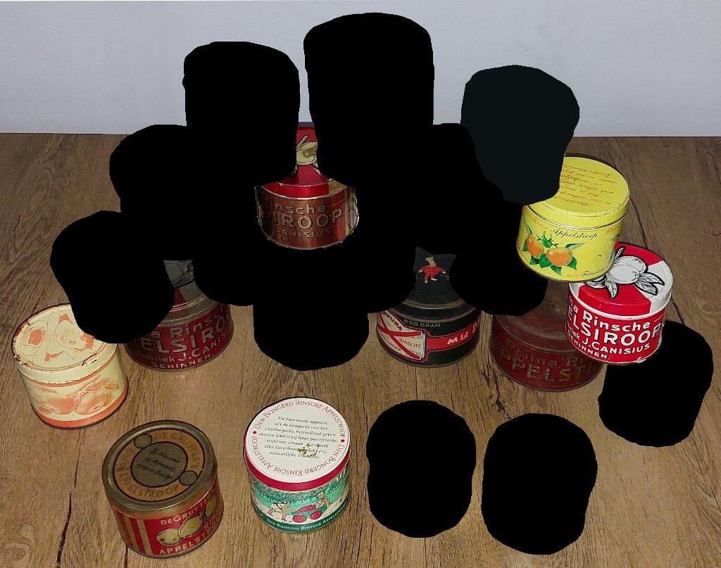 9 oude Rinsche Rinse Appelstroop blikken, Verzamelen, Blikken, Ophalen of Verzenden, Gebruikt, Overige, Overige merken