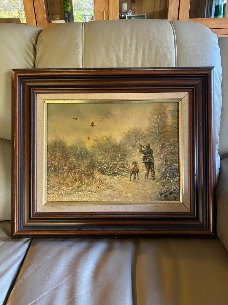 Oud schilderij jager met hond in winterlandschap, Ophalen