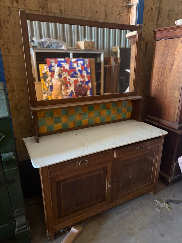 Antieke wastafel met marmeren blad en spiegel, Ophalen