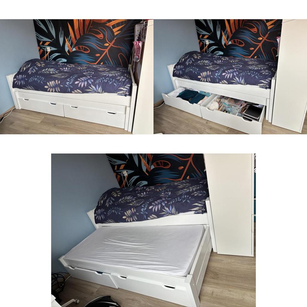 Kinderbed + logeerbed + 2 matrassen + lades (90x200), Ophalen, 85 tot 100 cm, Zo goed als nieuw, Matras