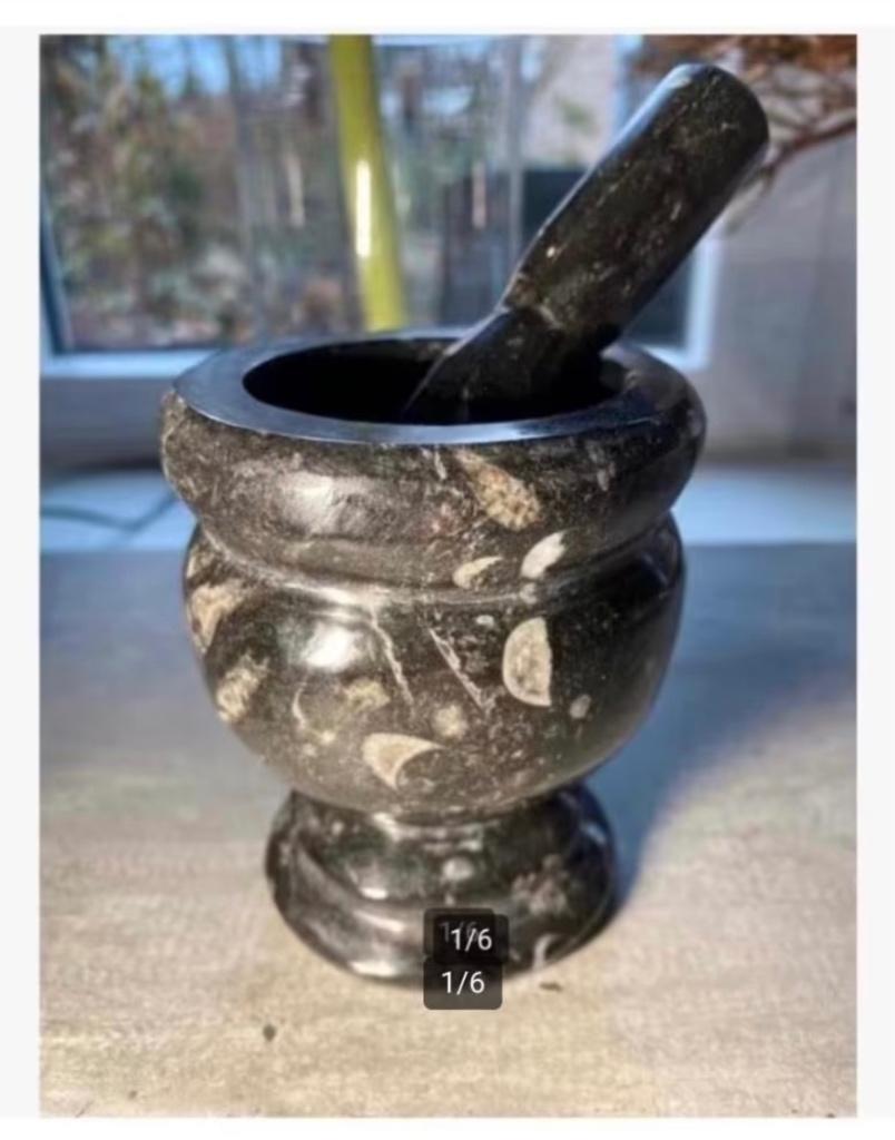 Fossiele Orthoceras vijzel met stamper 9,5 cm hoog, Verzamelen, Ophalen of Verzenden, Fossiel