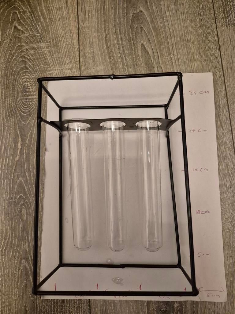 Decoratieve vaas met 3 reageerbuisjes in metalen frame, Zwart, Ophalen of Verzenden, Minder dan 50 cm, Glas