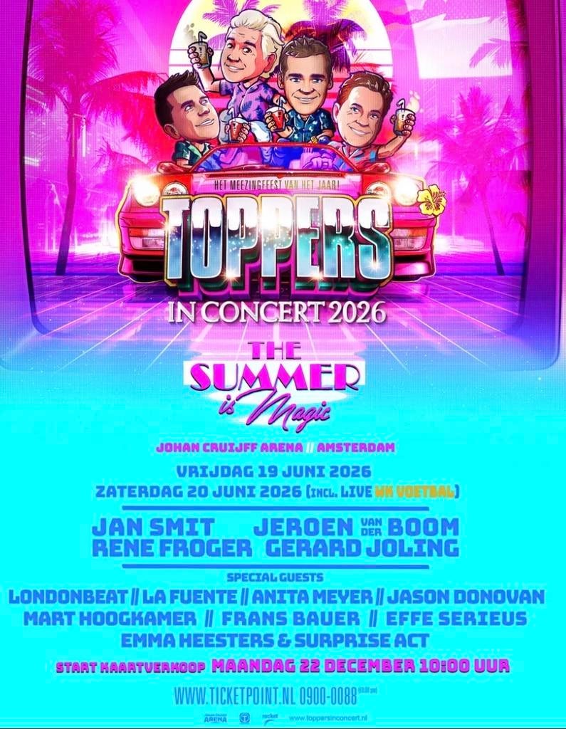 2 kaartjes zaterdag 20 juni 2026 toppers inclusief WK, Twee personen, Juni