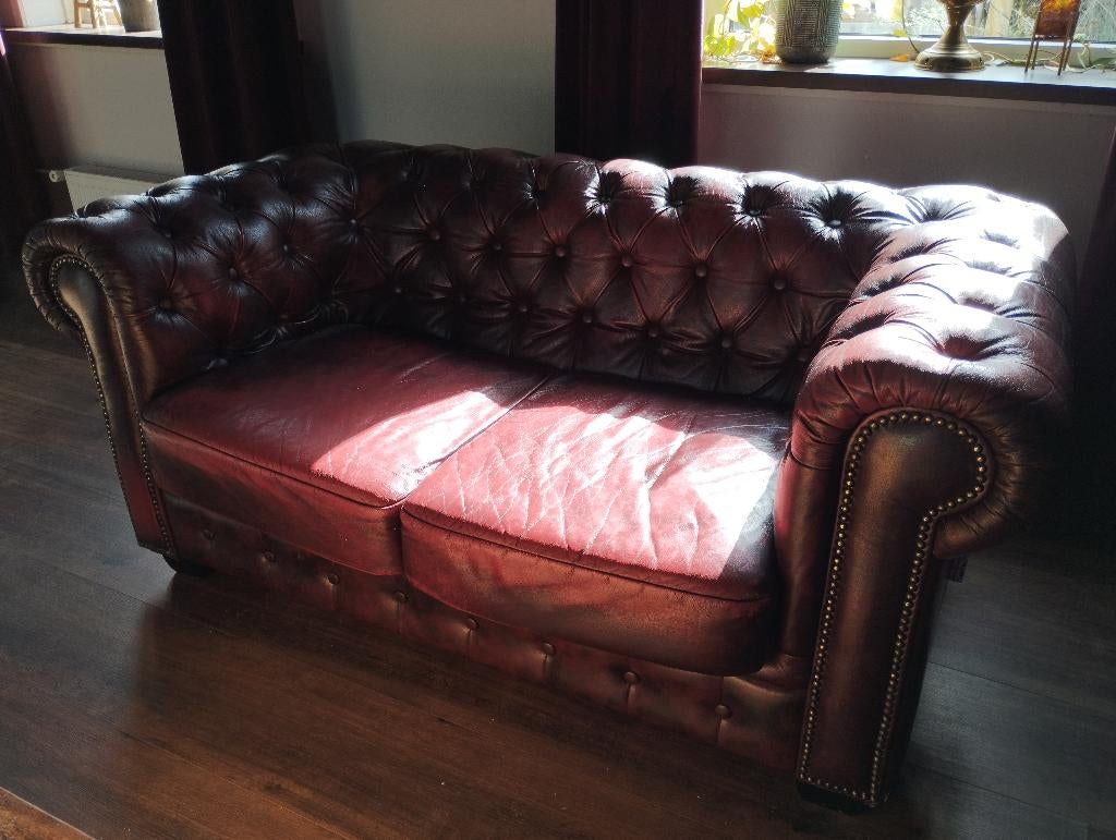Chesterfield tweezits bank 100% buffelleer cherry rood, Ophalen, Gebruikt, 150 tot 200 cm, Chesterfield