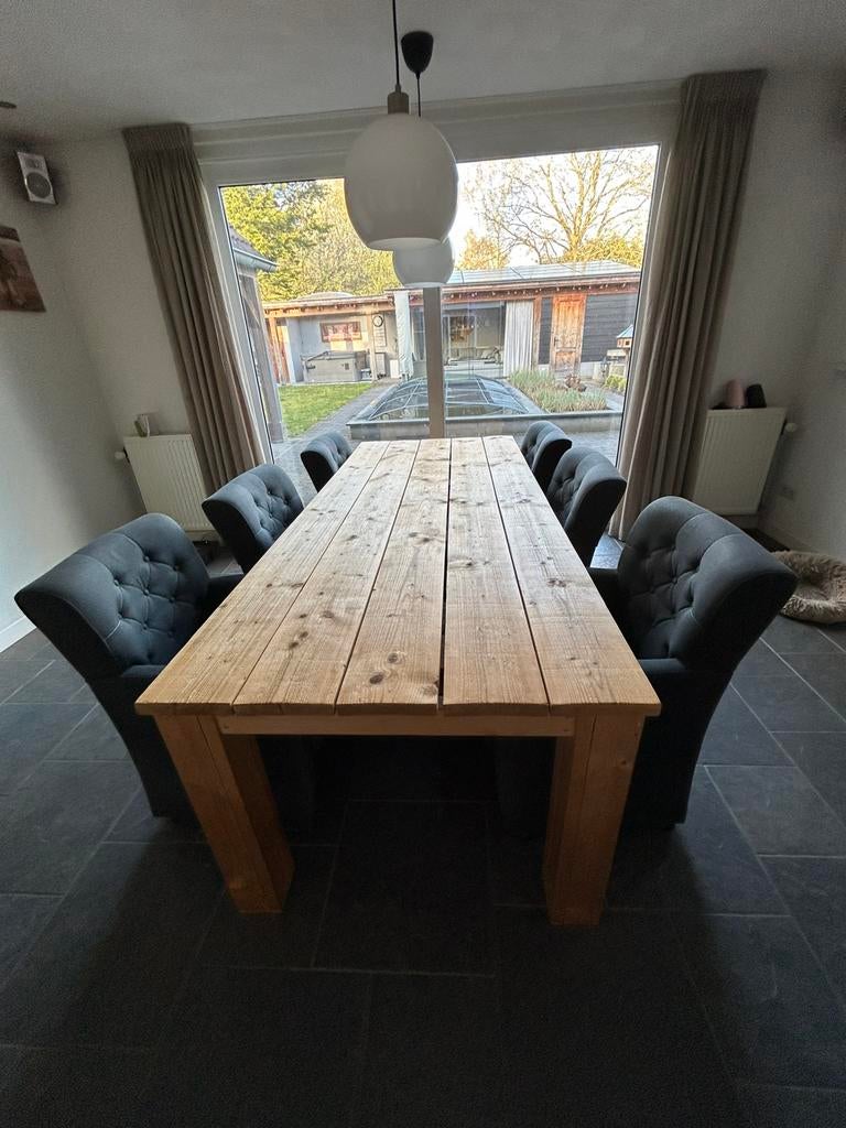 Steigerhouten eettafel met 6 stoelen, Huis en Inrichting, Complete eetkamers, Ophalen, Gebruikt, 4 tot 6 stoelen