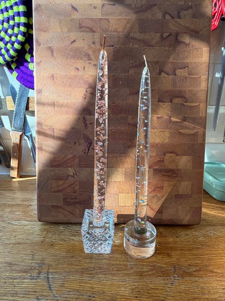Mid Century Modern lucite kaarsen copper flakes & sterren, Overige materialen, Overige kleuren, Ophalen of Verzenden, Zo goed als nieuw