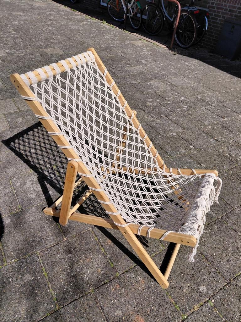 Boho ligstoel bamboe - macramé, Ophalen, Zo goed als nieuw, Hout, Verstelbaar