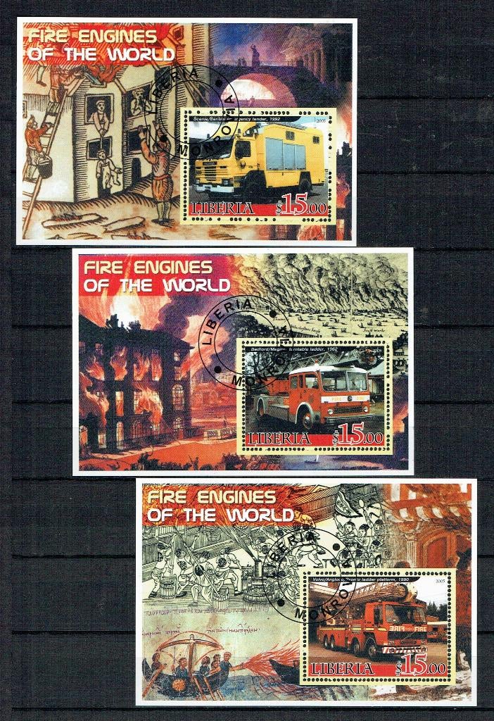 Liberia 2005 Blok Brandweer auto's 3x  1, Postzegels en Munten, Postzegels | Thematische zegels, Gestempeld, Auto's, Verzenden