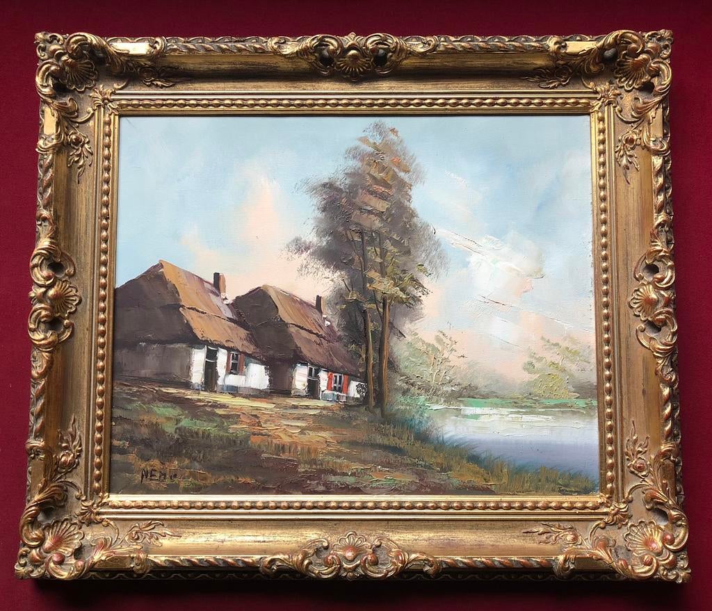 Schilderij boerderij, Antiek en Kunst, Kunst | Schilderijen | Klassiek, Ophalen of Verzenden