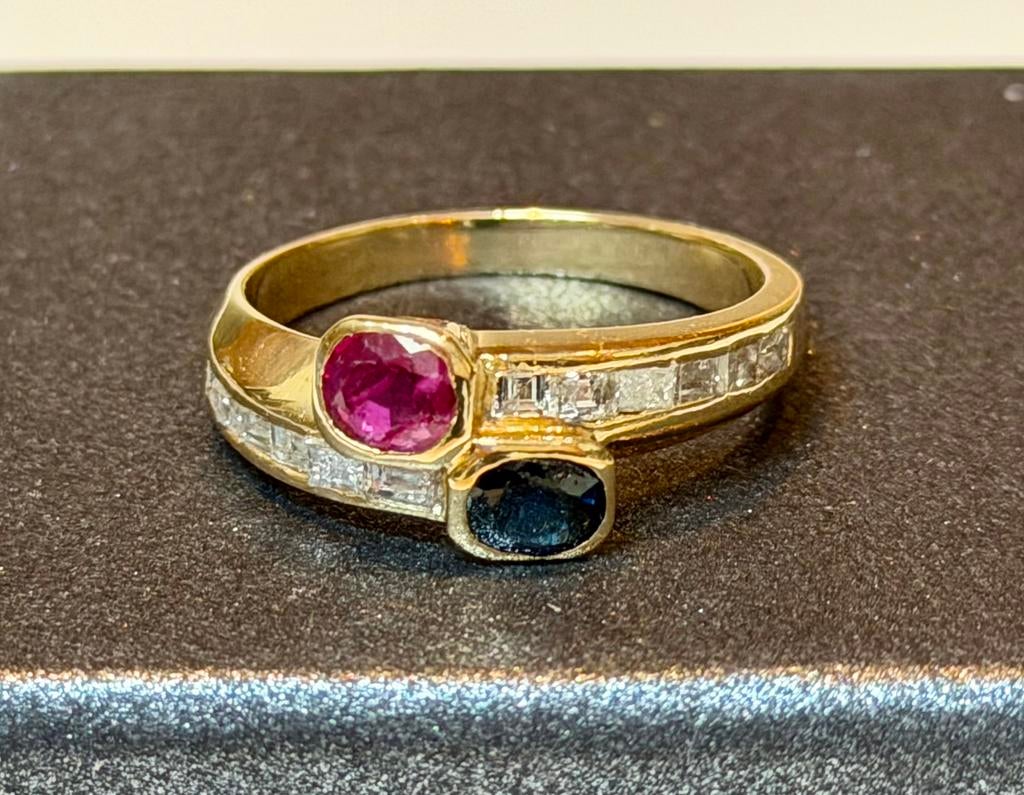 18K gouden ring met natuurlijke diamanten, saffier, robijn!, 19 tot 20, Ophalen of Verzenden, Met edelsteen, Dame