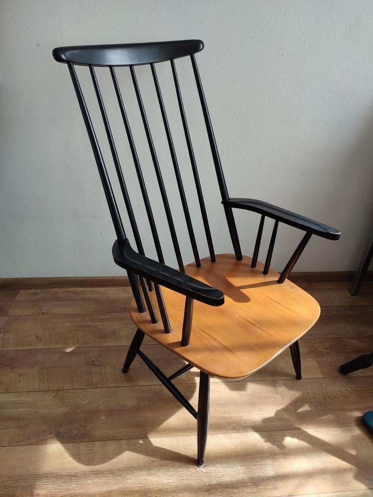 Scandinavische Spijlenstoel stoel spijlen hout bruin zwart, Huis en Inrichting, Stoelen, Gebruikt, Eén, Hout, Overige kleuren