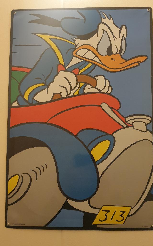 Disney wandplaat. 39 cm x 59 cm. Donald Duck in auto., Verzamelen, Disney, Ophalen of Verzenden, Donald Duck, Zo goed als nieuw