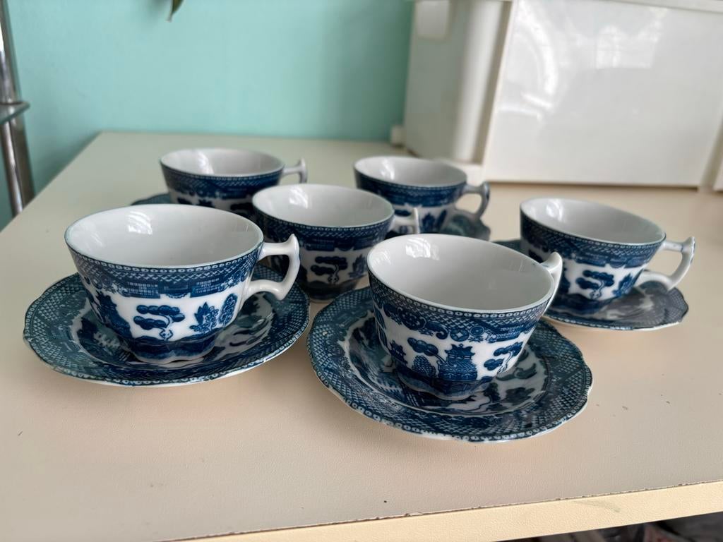 Antieke kop en schotel set, blauw-wit, Ophalen of Verzenden