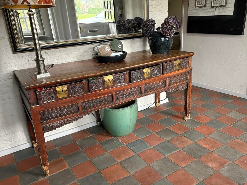 Antieke Chinese sidetable /wandtafel – 190 cm – handgesneden, Ophalen, Gebruikt, Chinees antiek handgesneden, 150 tot 200 cm