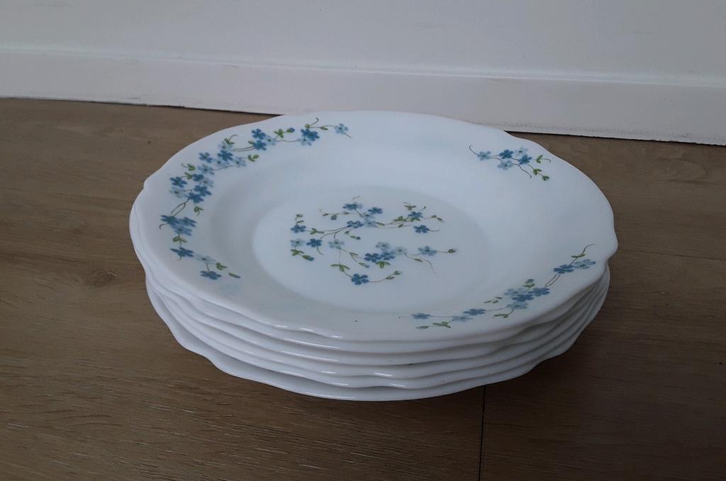 Vintage Arcopal diepe borden, Veronica Vergeetmenietjes, 6x, Ophalen of Verzenden, Bord(en), Overige stijlen, Glas