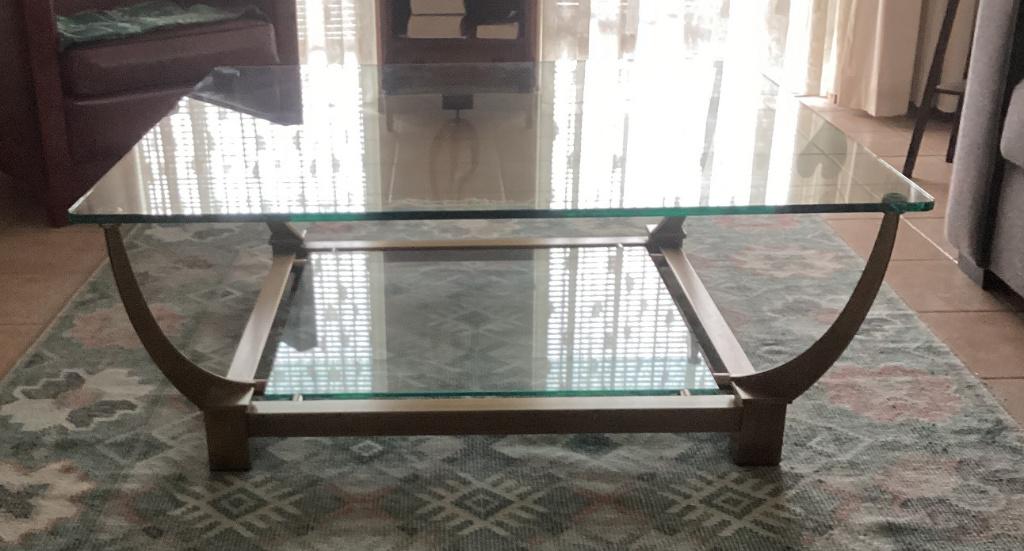 Salontafel messing met glas 105 cm Art Deco stijl NU €150,-, Huis en Inrichting, Tafels | Salontafels, Ophalen, Art deco, Zo goed als nieuw