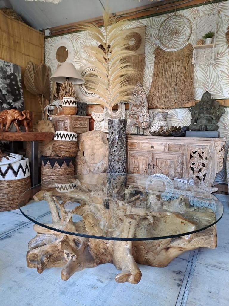 Boomwortel tafel met glasplaat, Ophalen, Www.ibizasfeer.nl, Rond, Info@ibizasfeer.nl