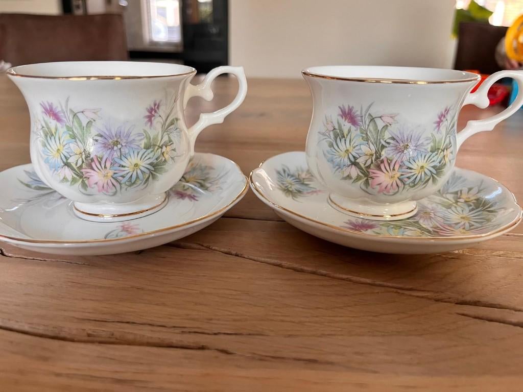 2 x kop en schoteltje - Cambridge Garden Collection, Ophalen of Verzenden, Gebruikt, Porselein, Kop en/of schotel