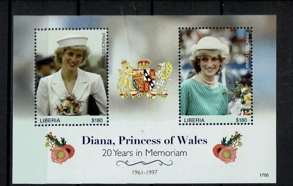 liberia 2017 pf blok lady diana koningshuis royalty, Ophalen of Verzenden, Postfris, Koningshuis