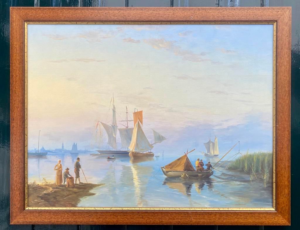 Zeilschepen en vissers op de rivier! Hollandse School., Antiek en Kunst, Kunst | Schilderijen | Klassiek, Ophalen