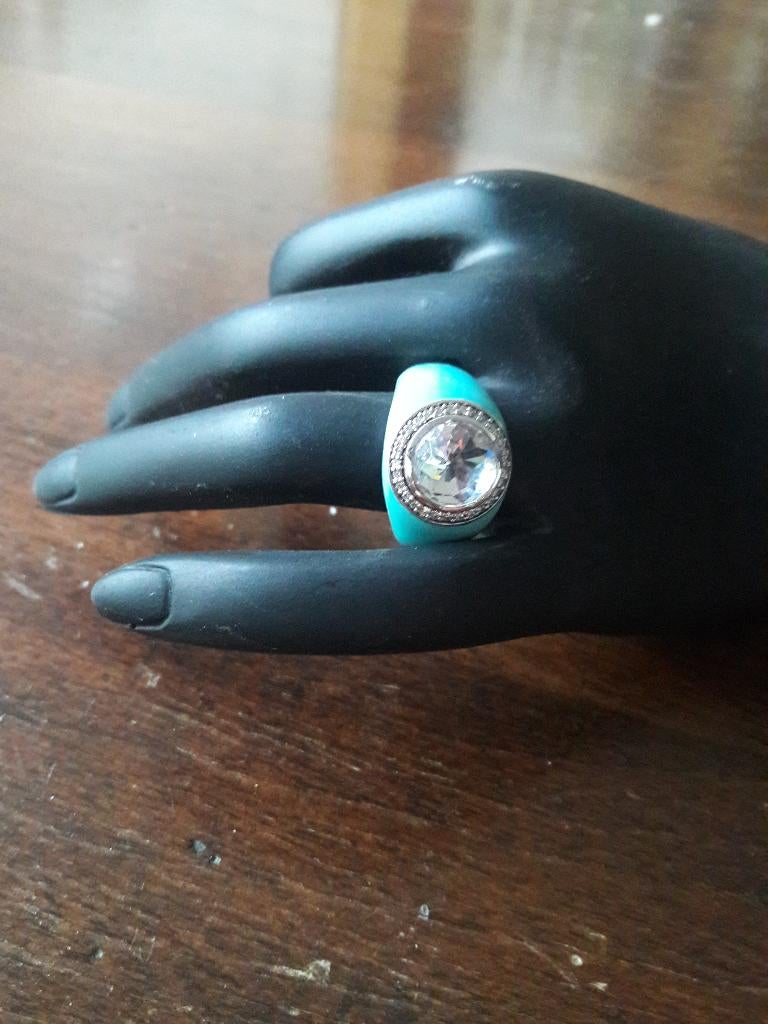 zwaar zilv Tiscento ring turkoois emaille zirkonia rozet, Nieuw, Ophalen of Verzenden, 17 tot 18, Met edelsteen