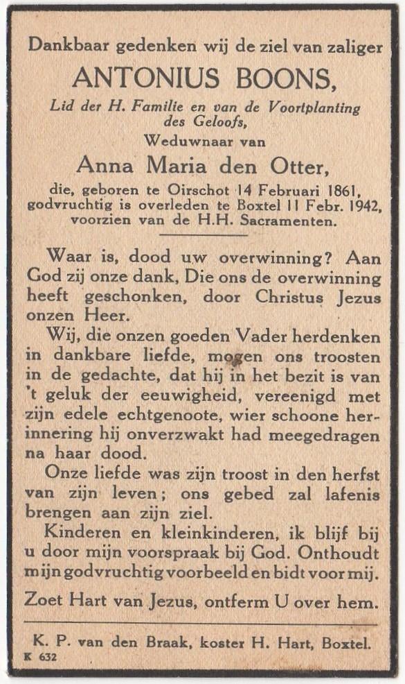 Antonius Boons 1861 Oirschot + 1942 Boxtel, 80 jaar oud, Verzenden