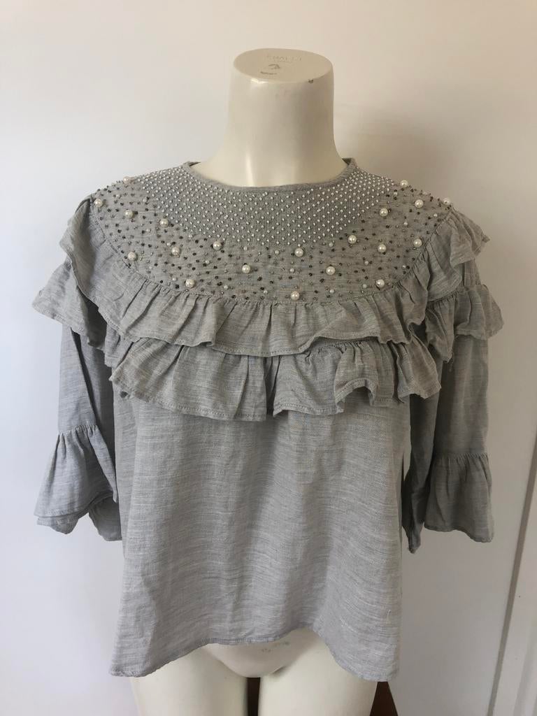 Zara lichtgrijs blouse top parels franjes m, Maat 38/40 (M), Zara, Ophalen of Verzenden, Zo goed als nieuw