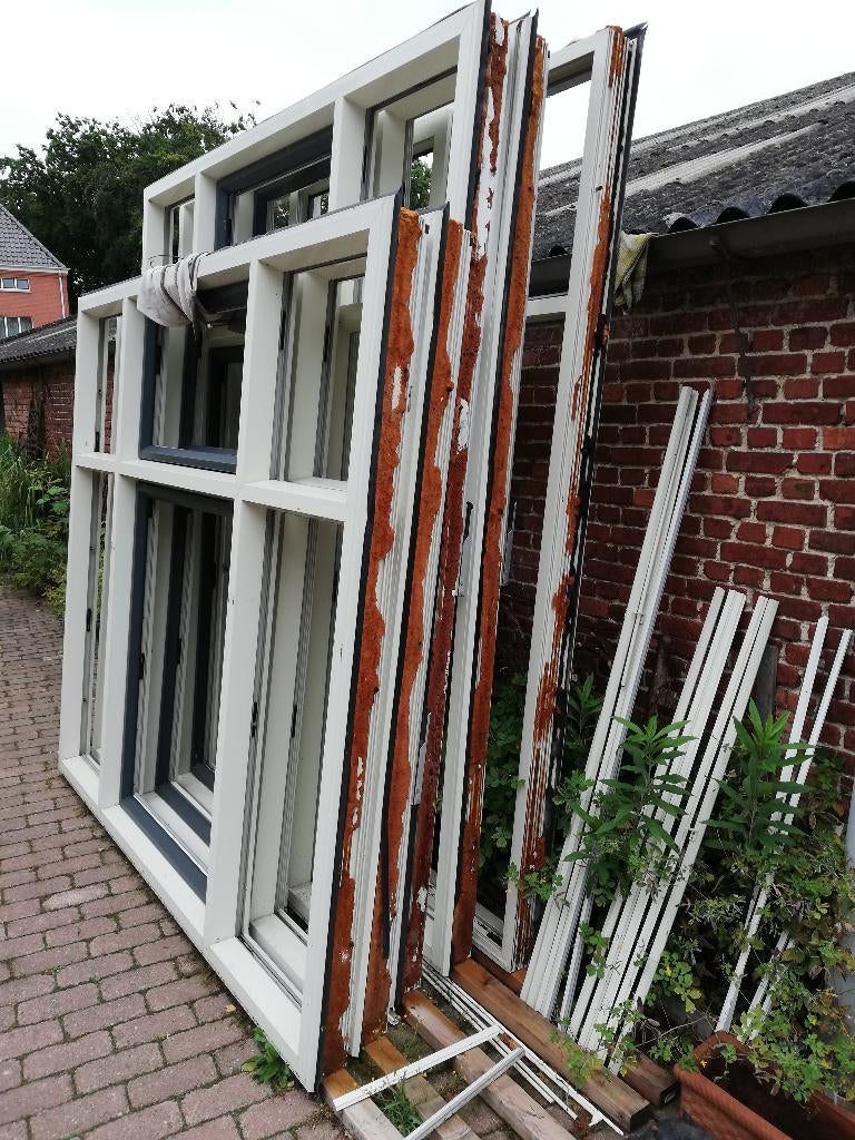 5 kunststof kozijnen 203,5x228br en 253x228br plus deur, Ophalen, Kunststof, 225 cm of meer, Raamkozijn