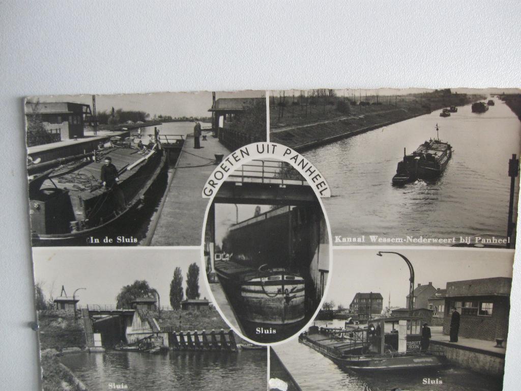 9258-9 Panheel, groeten uit 1957 fotokaart, Ophalen of Verzenden, 1940 tot 1960