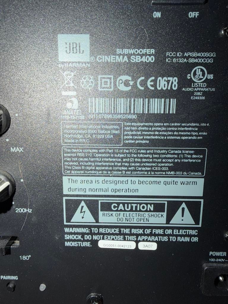 JBL Cinema SB400 Subwoofer - Krachtige Baservaring, Ophalen of Verzenden, Zo goed als nieuw, 120 watt of meer, Subwoofer