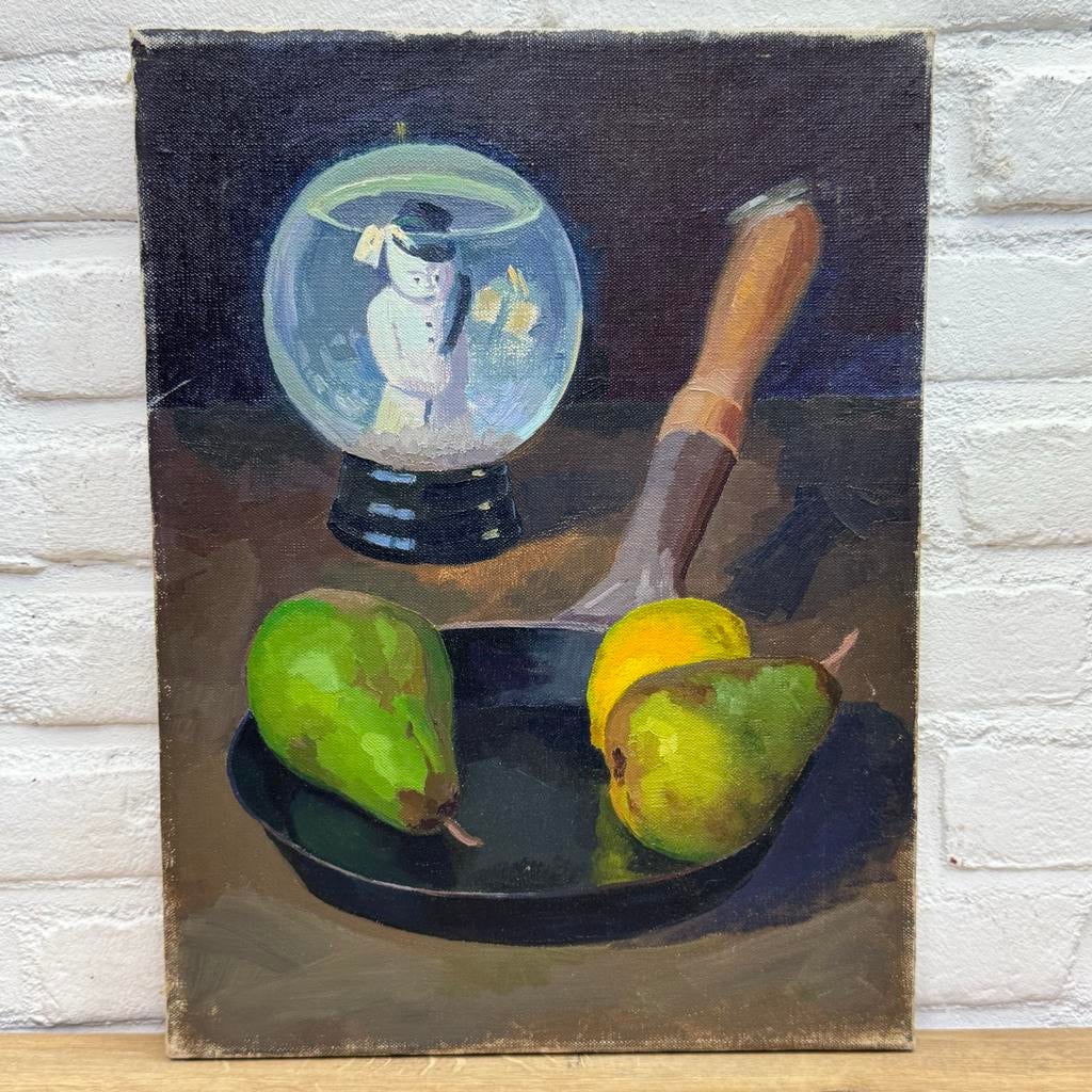 Stilleven met sneeuwpop in sneeuwglobe en fruit, Antiek en Kunst, Kunst | Schilderijen | Klassiek, Ophalen of Verzenden