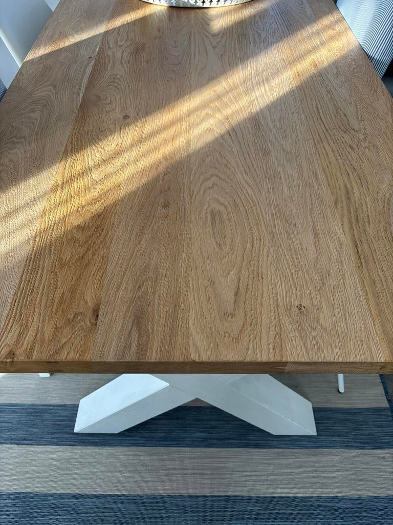 Houten eettafel met wit onderstel, Huis en Inrichting, Tafels | Eettafels, Ophalen, Gebruikt, 100 tot 150 cm, 150 tot 200 cm