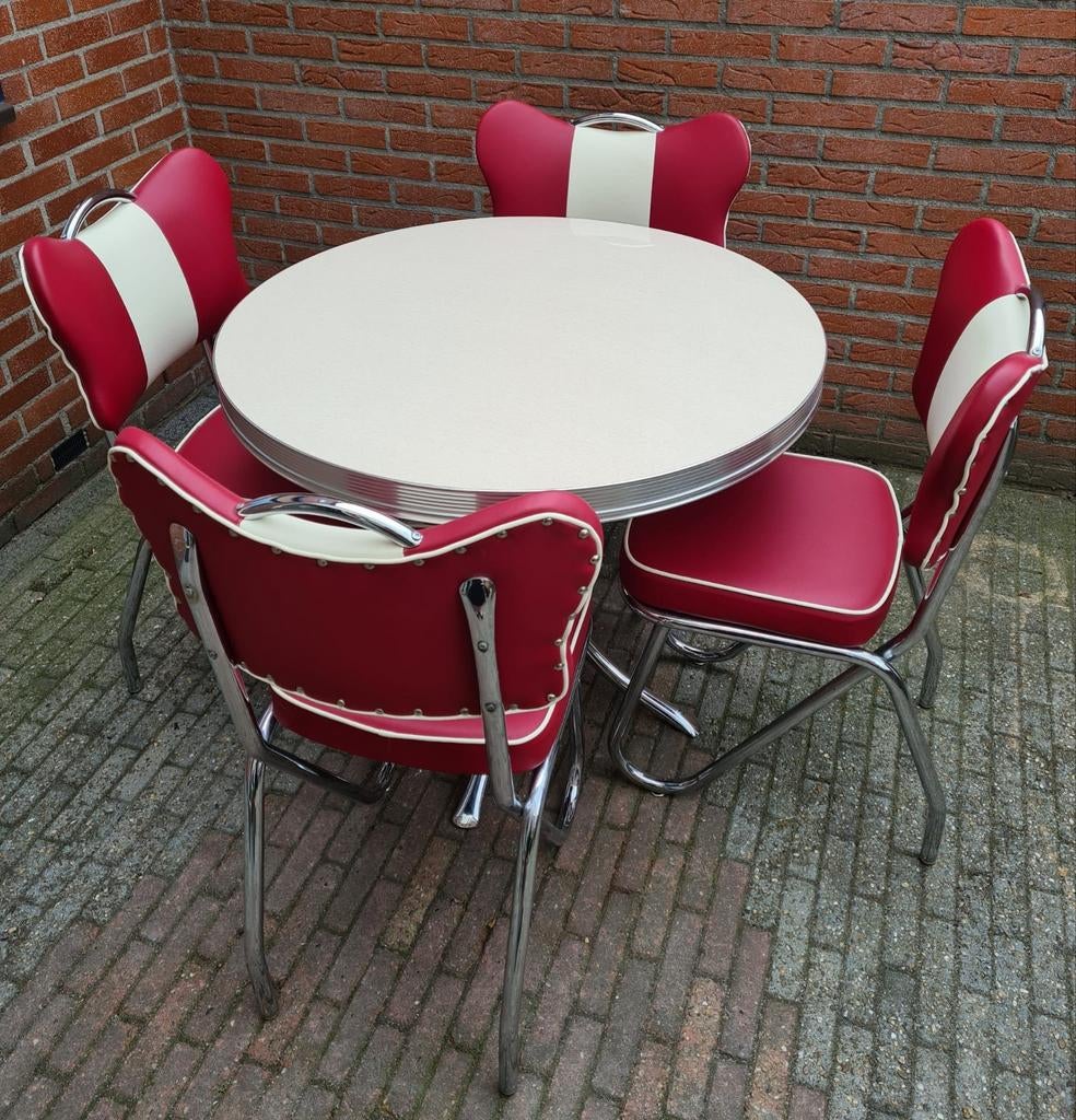 FIFTIES SIXTIES AMERIKAANSE DINERSTOELEN BEL AIR TAFEL, Ophalen, Overige materialen, Vier, Rood