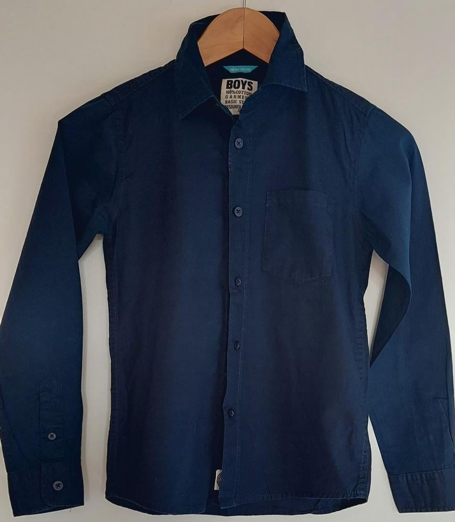 Overhemd blouse 134/140 Hema donkerblauw zgan., Ophalen of Verzenden, Zo goed als nieuw