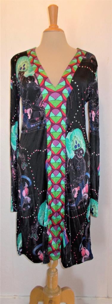 Zwarte Ibiza/hippie look print jurk van Custo (Barcelona) L, Kleding | Dames, Jurken, Verzenden, Maat 42/44 (L), Zo goed als nieuw