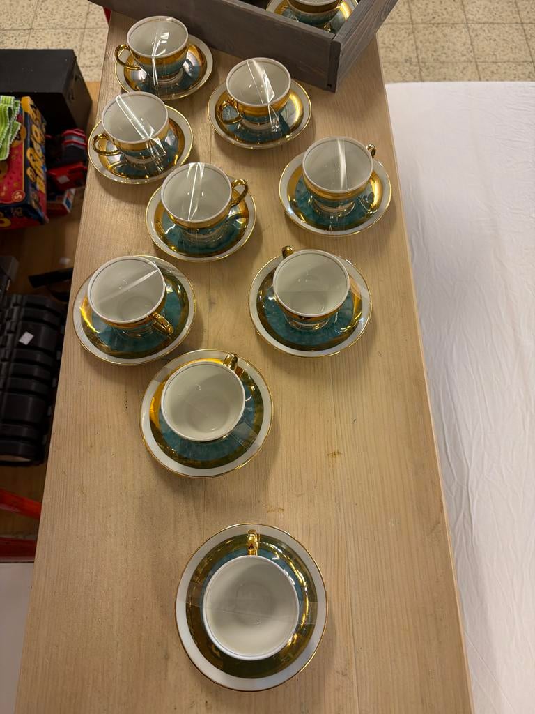 Vintage theeservies met gouden rand en turquoise accenten, Antiek en Kunst, Ophalen