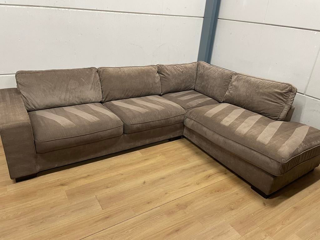 Mooie luxe suede velvet bruine taupe hoekbank - GEREINIGD!!!