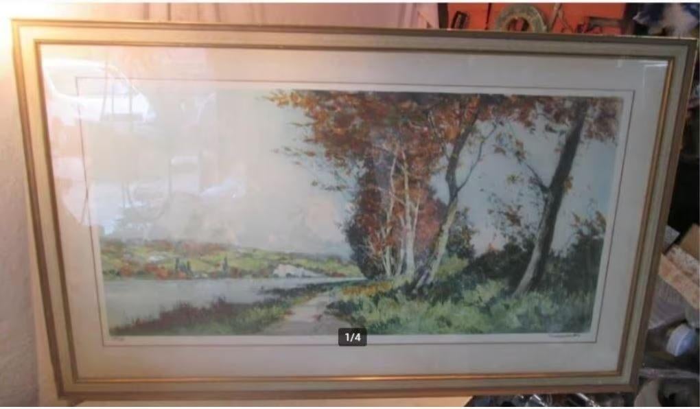 Prachtige Zeefdruk 'Rivier en Heuvel' - Launay, Ophalen of Verzenden