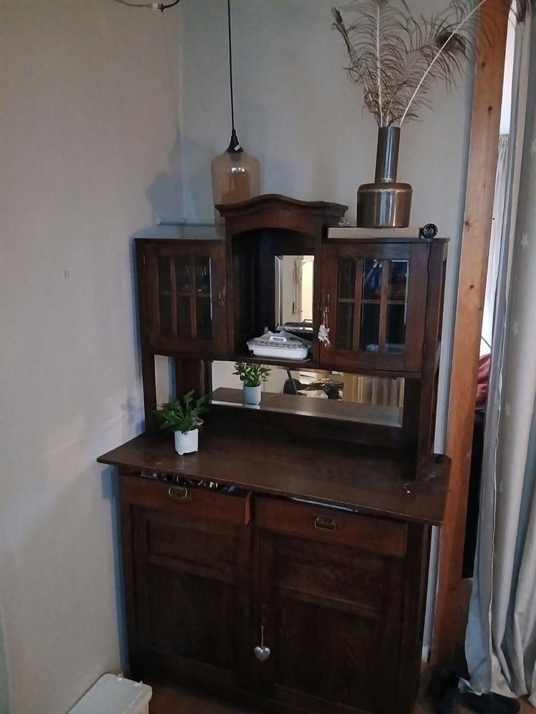 Antiek dressoir/buffetkast met spiegel en vitrines, Ophalen of Verzenden