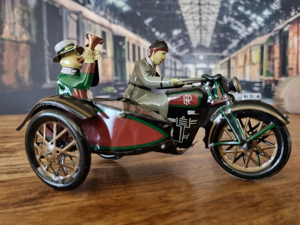 Vintage blikken speelgoed motor met zijspan, Ophalen of Verzenden