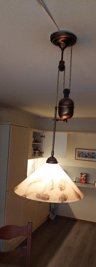 Hanglamp met katrol, Huis en Inrichting, Lampen | Hanglampen, Ophalen of Verzenden, Gebruikt, Glas, 50 tot 75 cm