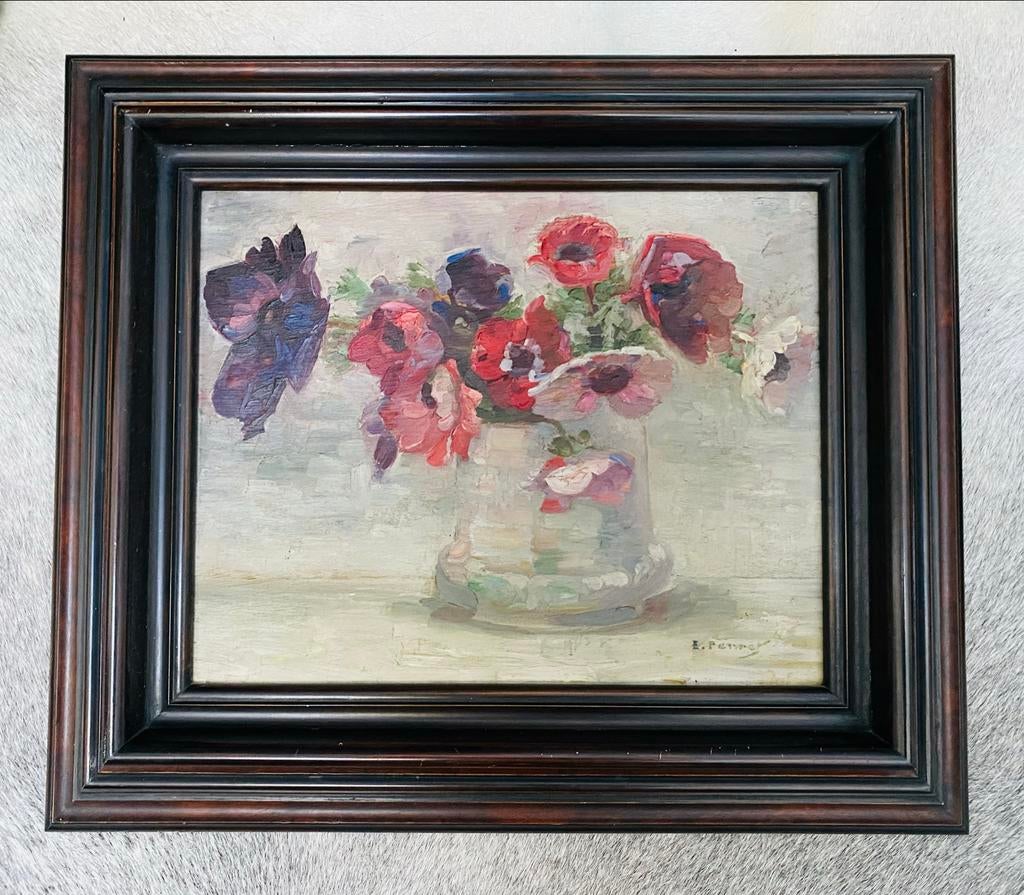 Schilderij met Anemonen, gesigneerd E. Perrot, Antiek en Kunst, Ophalen of Verzenden