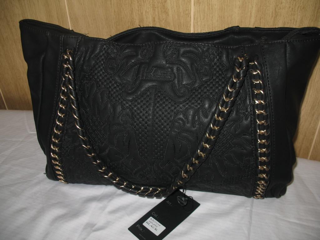 Shopper KS *  Vegan Leer Bewerkt Zwart +Goudklr Schakels, Ophalen of Verzenden, Nieuw, Zwart, Shopper