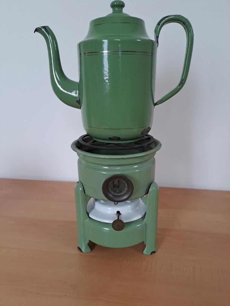 Vintage Groene Emaille Koffiepot met Spiritusbrander, Ophalen