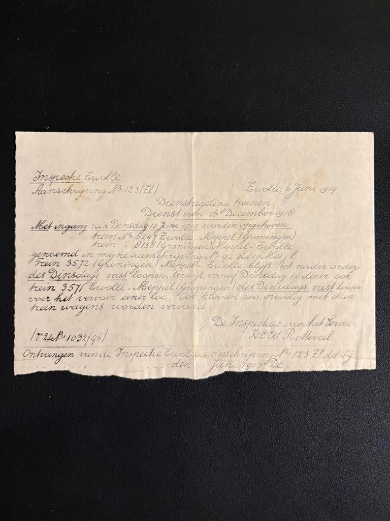 Handgeschreven dienstmededeling opgeheven treinen (1919), Ophalen of Verzenden, Gebruikt, Trein
